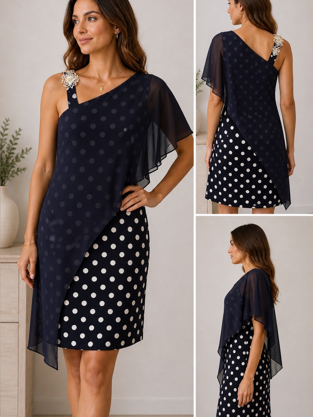 Joseph Ribkoff jersey dress asymmetric dark blue white dots sheer wrap shoulder